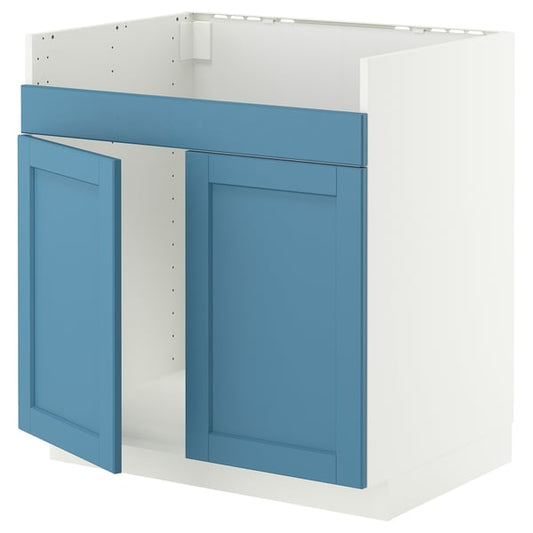 METOD base cab f HAVSEN double bowl sink, white/Lerhyttan blue, 80.0x80.0x60.0 cm