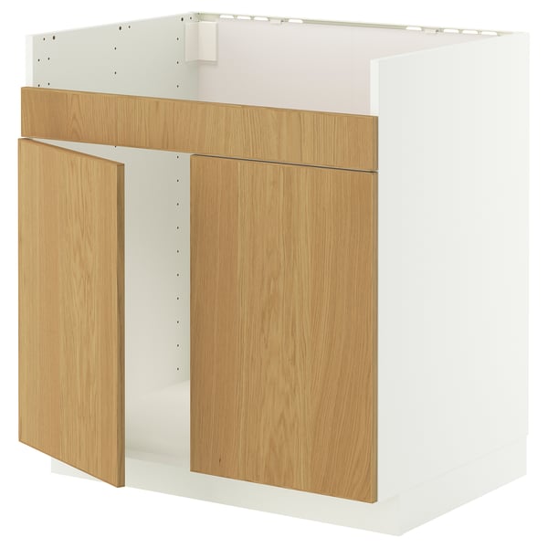 METOD base cab f HAVSEN double bowl sink, white/Sinarp oak veneer, 80x60 cm