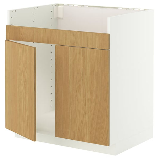 METOD base cab f HAVSEN double bowl sink, white/Sinarp oak veneer, 80x60 cm