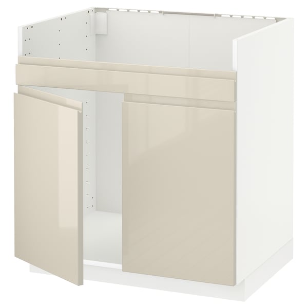 METOD base cab f HAVSEN double bowl sink, white/Voxtorp high-gloss light beige, 80x60 cm