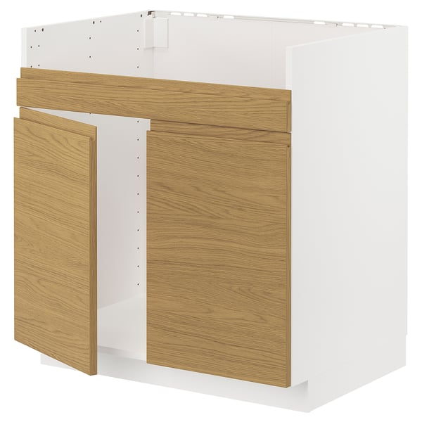 METOD base cab f HAVSEN double bowl sink, white/Voxtorp oak effect, 80x60 cm
