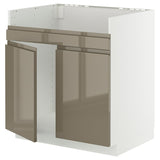 METOD base cab f HAVSEN double bowl sink, white/Voxtorp high-gloss dark grey-brown, 80x60 cm