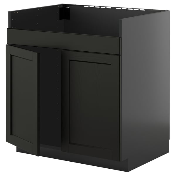 METOD base cab f HAVSEN double bowl sink, black-grey/Lerhyttan black stained, 80x60 cm