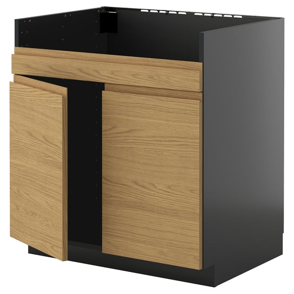 METOD base cab f HAVSEN double bowl sink, black-grey/Voxtorp oak effect, 80x60 cm