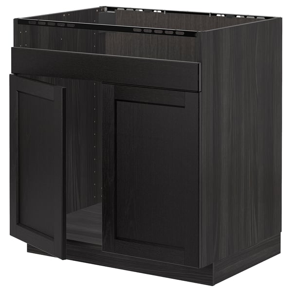 METOD base cab f HAVSEN double bowl sink, black/Lerhyttan black stained, 80x60 cm