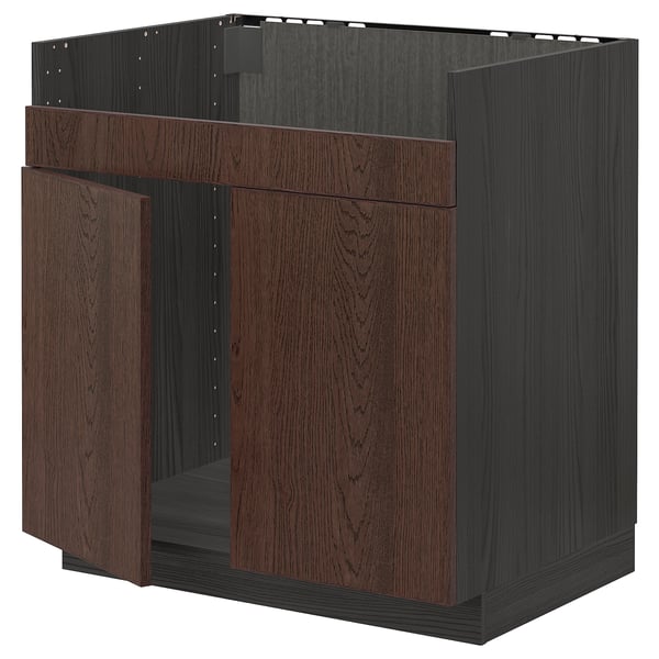 METOD base cab f HAVSEN double bowl sink, black/Sinarp brown, 80x60 cm