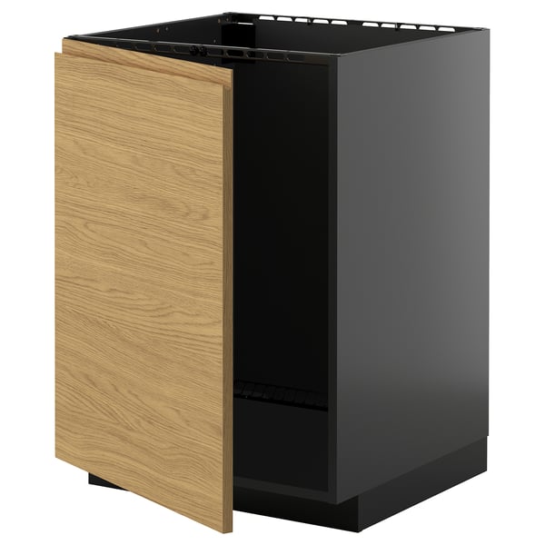 METOD base cabinet for sink, black-grey/Voxtorp oak effect, 60x60 cm