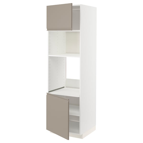 METOD hi cb f oven/micro w 2 drs/shelves, white/Upplöv matt dark beige, 60x60x200 cm
