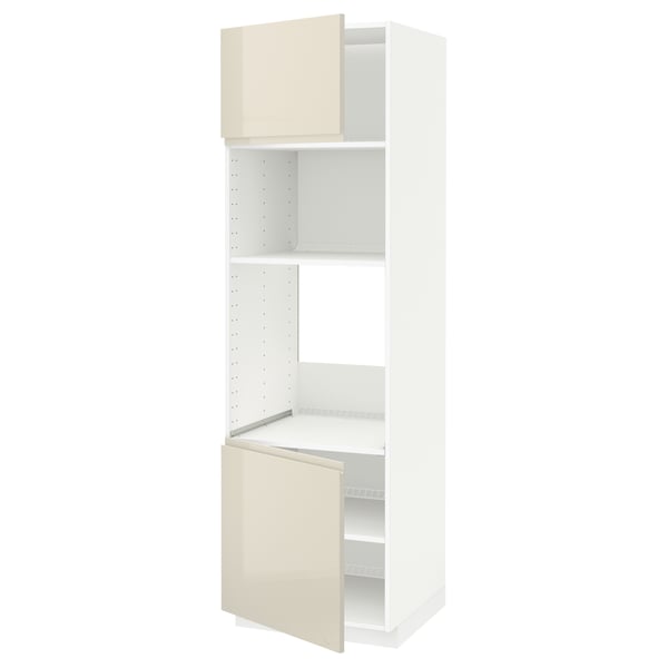 METOD hi cb f oven/micro w 2 drs/shelves, white/Voxtorp high-gloss light beige, 60x60x200 cm