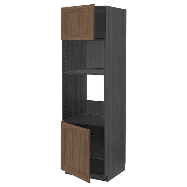 METOD hi cb f oven/micro w 2 drs/shelves, black Enköping/brown walnut effect, 60x60x200 cm