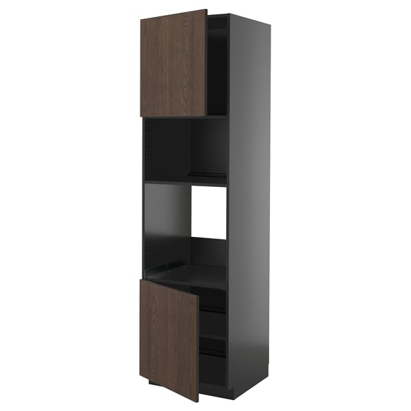 METOD - METOD Hi cb f oven/micro w 2 drs/shelves, black-grey/Sinarp brown, 60x60x220 cm