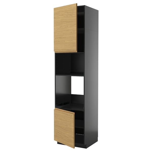 METOD - METOD Hi cb f oven/micro w 2 drs/shelves, black-grey/Voxtorp oak effect, 60x60x240 cm