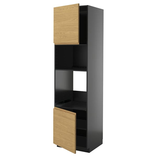 METOD - METOD Hi cb f oven/micro w 2 drs/shelves, black-grey/Voxtorp oak effect, 60x60x220 cm