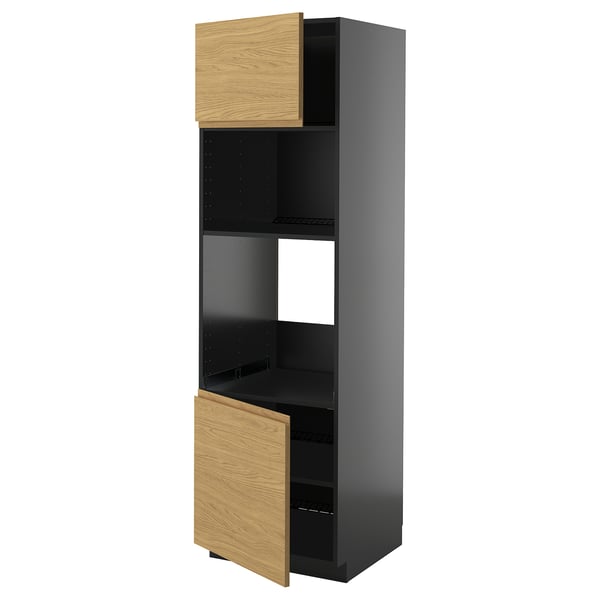 METOD - METOD Hi cb f oven/micro w 2 drs/shelves, black-grey/Voxtorp oak effect, 60x60x200 cm