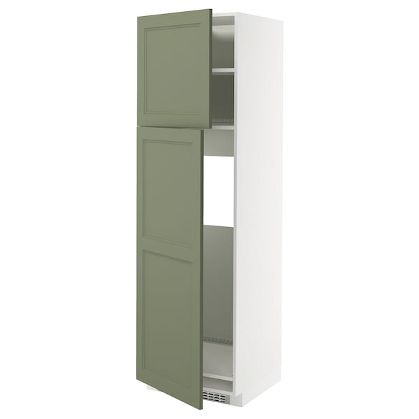 METOD - High cabinet for fridge w 2 doors, white/Axstad grey-green, 60x60x200 cm