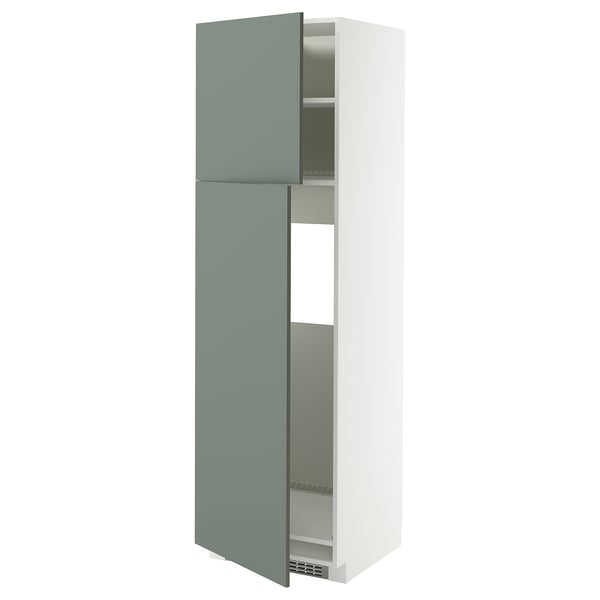 METOD high cabinet for fridge w 2 doors, white/Nickebo matt grey-green, 60x60x200 cm