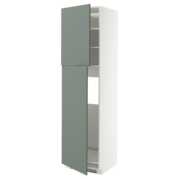 METOD high cabinet for fridge w 2 doors, white/Nickebo matt grey-green, 60x60x220 cm