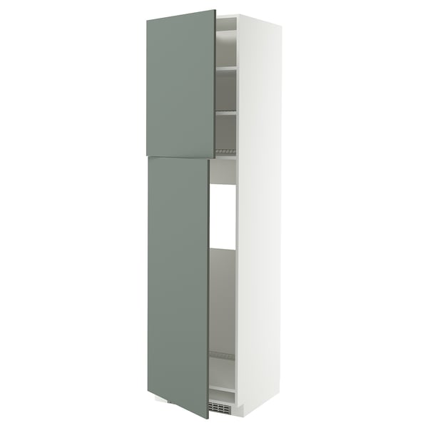 METOD high cabinet for fridge w 2 doors, white/Nickebo matt grey-green, 60x60x220 cm