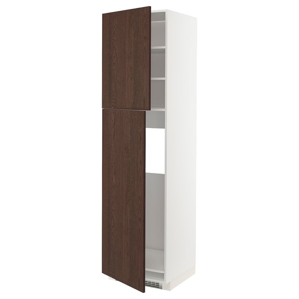 METOD - High cabinet for fridge w 2 doors, white/Sinarp brown , 60x60x220 cm