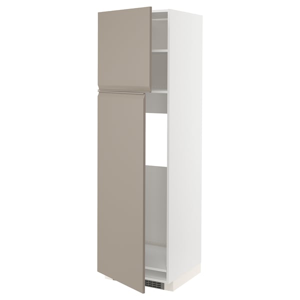 METOD high cabinet for fridge w 2 doors, white/Upplöv matt dark beige, 60x60x200 cm