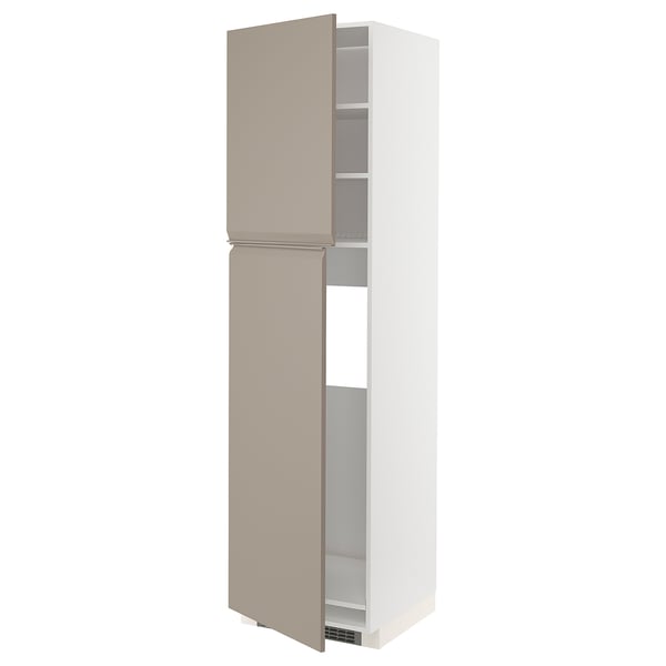 METOD high cabinet for fridge w 2 doors, white/Upplöv matt dark beige, 60x60x220 cm