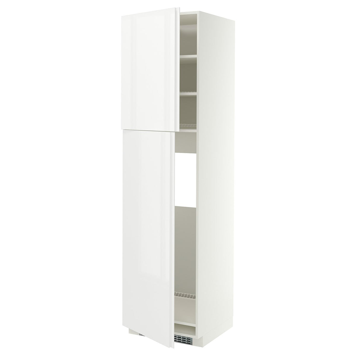 METOD high cabinet for fridge w 2 doors, white/VOXTORP high-gloss white vertical handle, 60x60x220 cm
