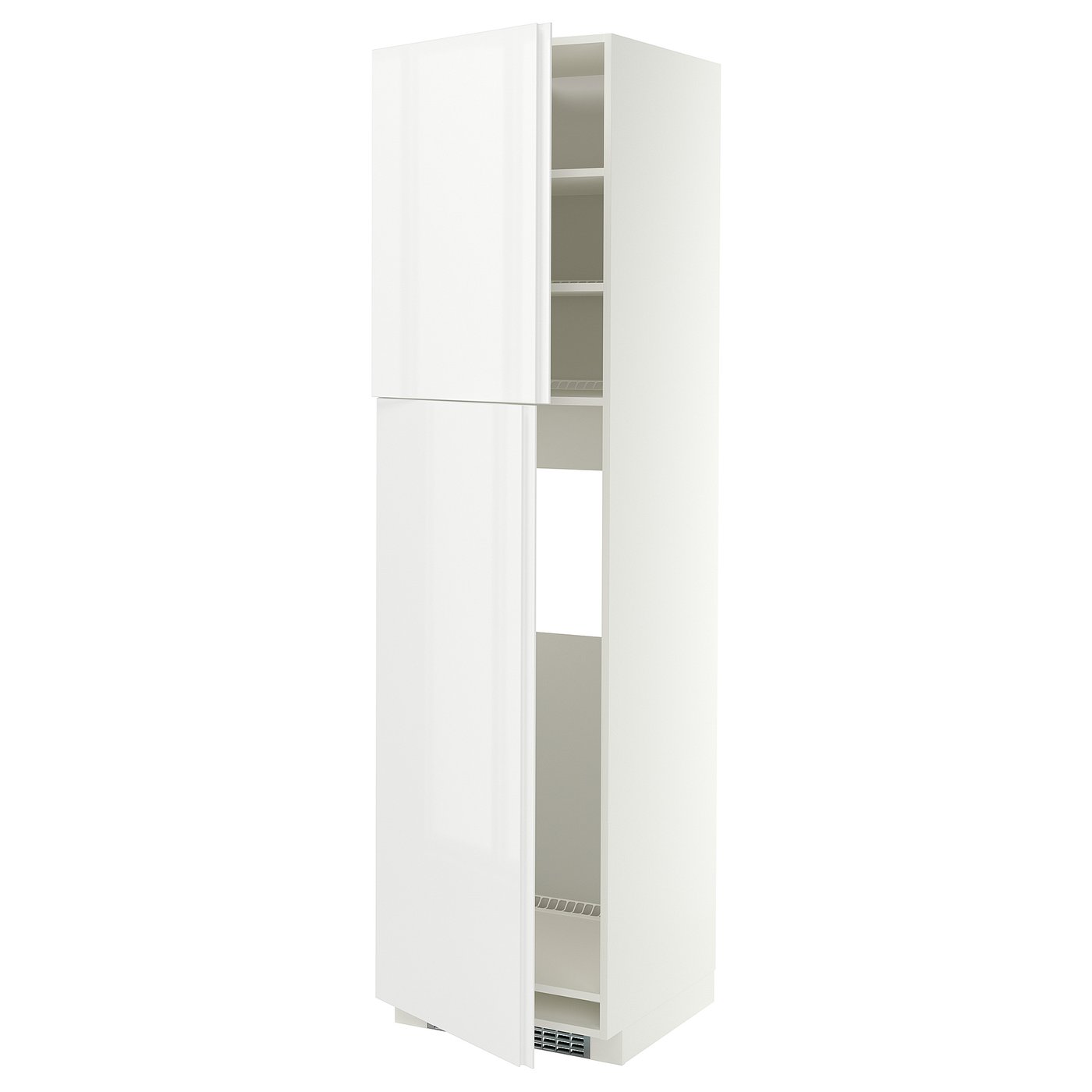 METOD high cabinet for fridge w 2 doors, white/VOXTORP high-gloss white vertical handle, 60x60x220 cm