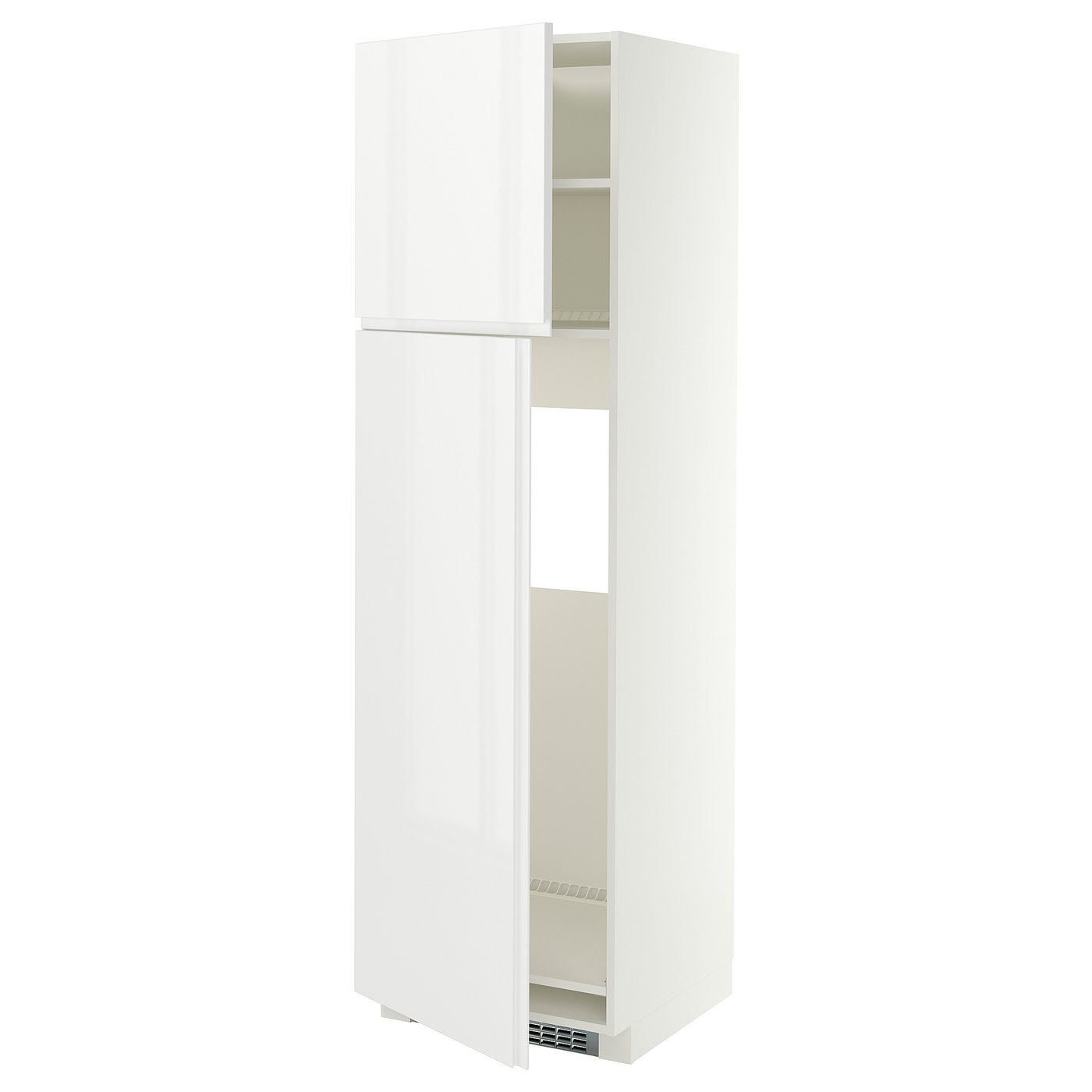 METOD high cabinet for fridge w 2 doors, white/VOXTORP high-gloss white vertical handle, 60x60x200 cm