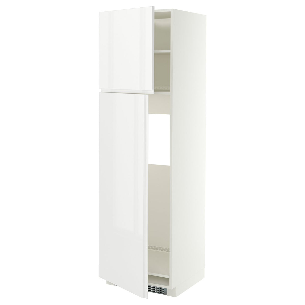 METOD high cabinet for fridge w 2 doors, white/VOXTORP high-gloss white vertical handle, 60x60x200 cm