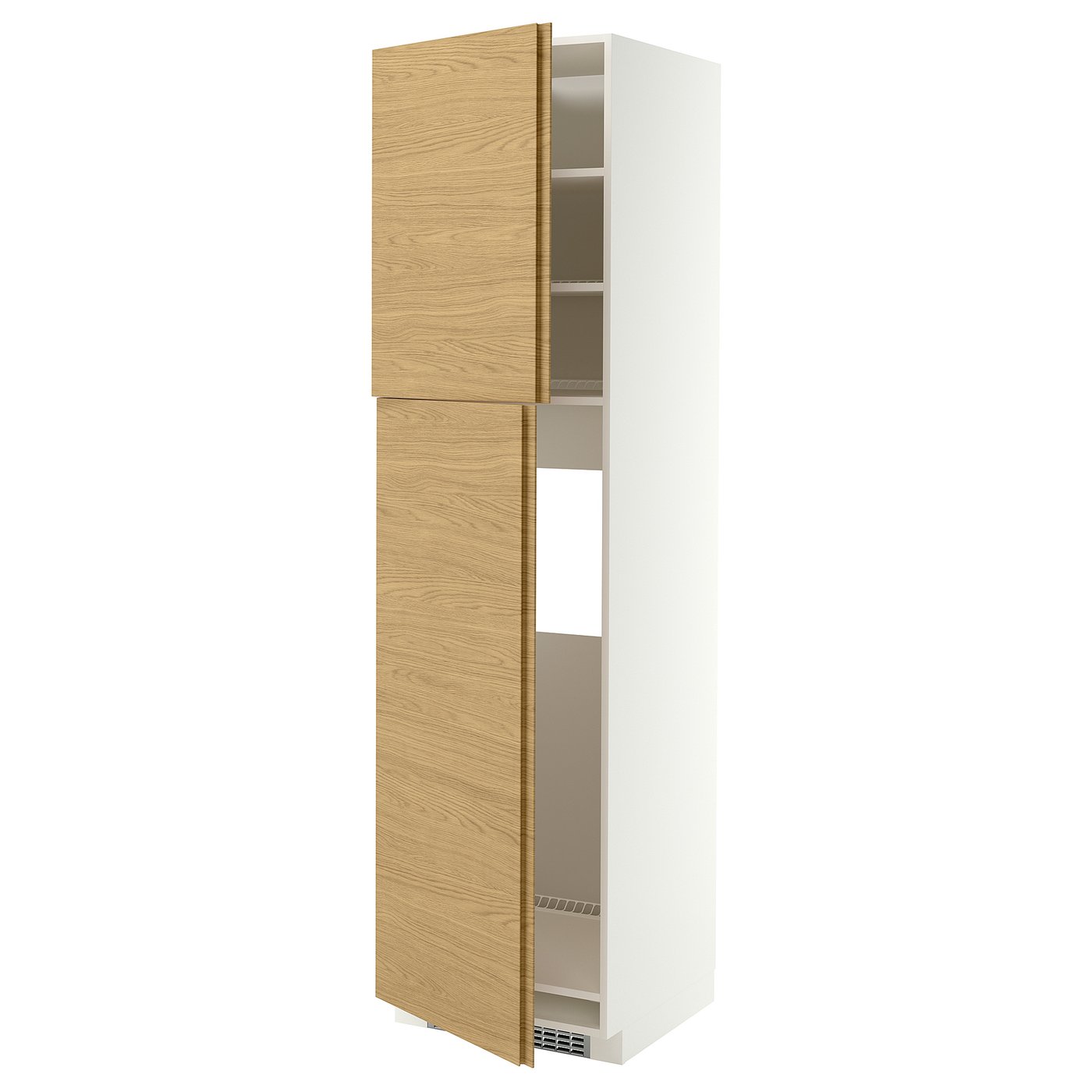 METOD high cabinet for fridge w 2 doors, white/VOXTORP oak effect vertical handle, 60x60x220 cm