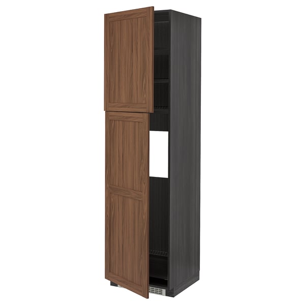 METOD - METOD High cabinet for fridge w 2 doors, black Enköping/brown walnut effect, 60x60x220 cm