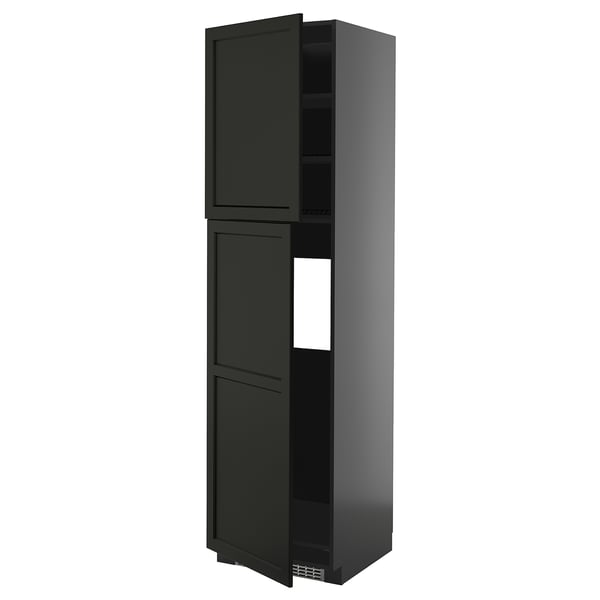 METOD - METOD High cabinet for fridge w 2 doors, black-grey/Lerhyttan black stained, 60x60x220 cm