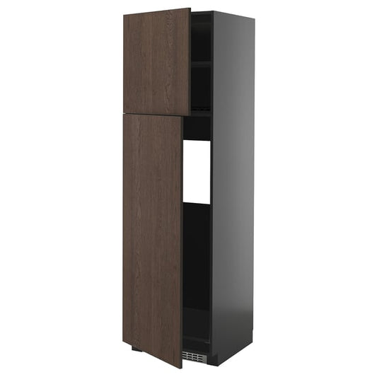 METOD - METOD High cabinet for fridge w 2 doors, black-grey/Sinarp brown, 60x60x200 cm