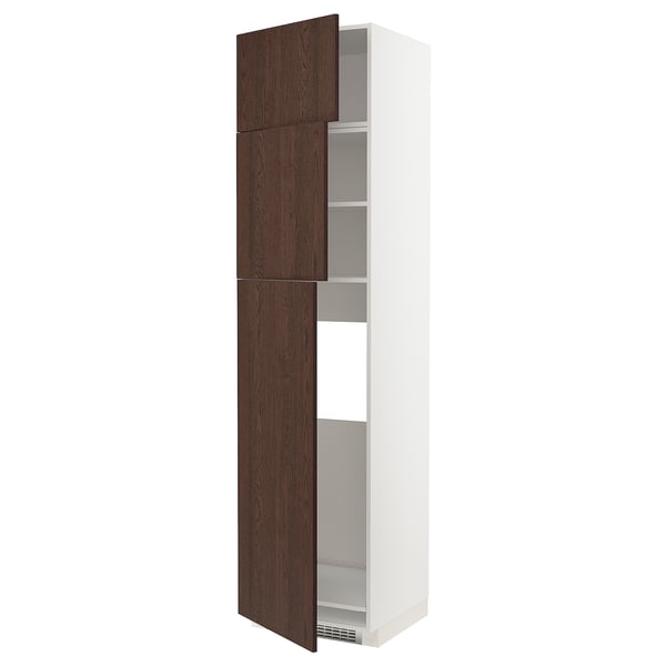 METOD - High cab for fridge with 3 doors, white/Sinarp brown , 60x60x240 cm