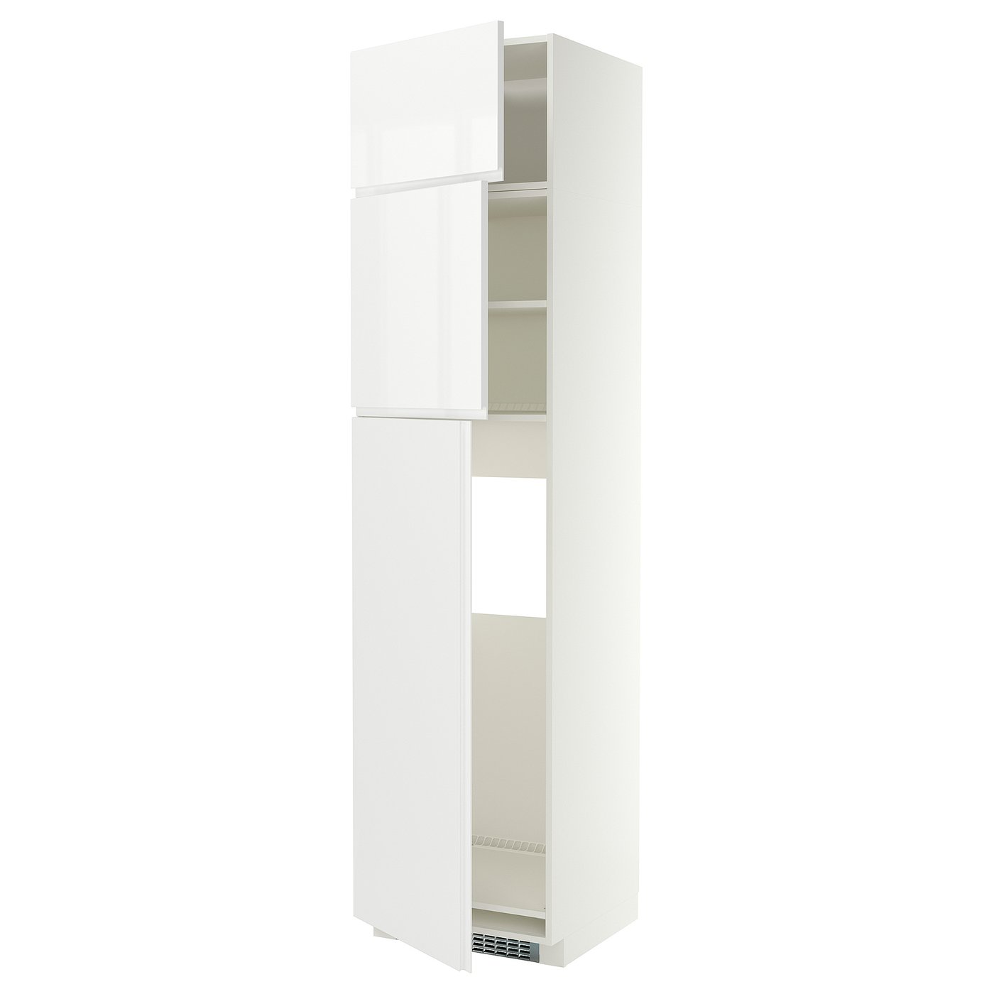 METOD high cab for fridge with 3 doors, white/VOXTORP high-gloss white vertical handle, 60x60x240 cm