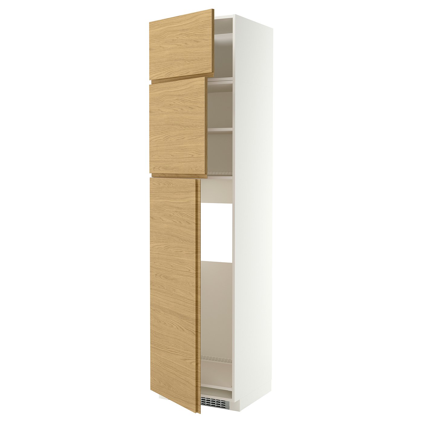 METOD high cab for fridge with 3 doors, white/VOXTORP oak effect vertical handle, 60x60x240 cm