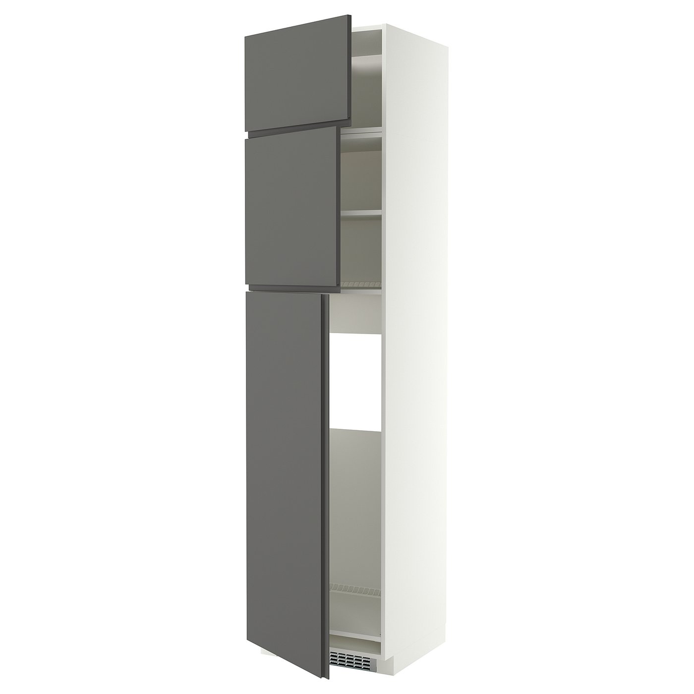 METOD high cab for fridge with 3 doors, white/VOXTORP dark grey vertical handle, 60x60x240 cm