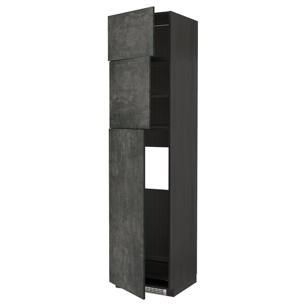 METOD high cab for fridge with 3 doors, black/Kalhyttan dark grey concrete effect, 60x60x240 cm