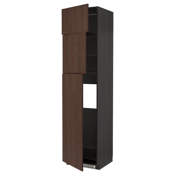 METOD - High cab for fridge with 3 doors, black/Sinarp brown , 60x60x240 cm