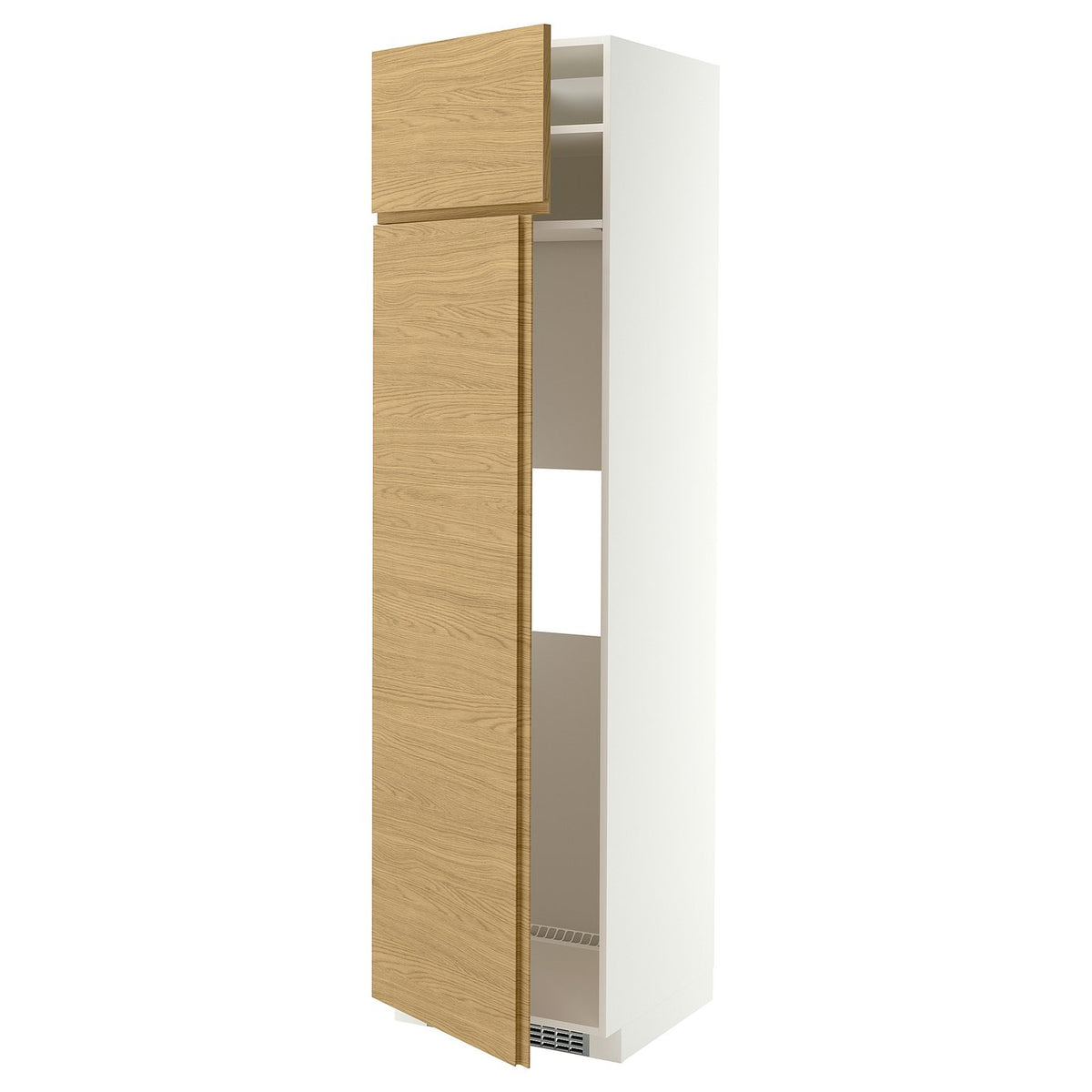 METOD hi cab f fridge or freezer w 2 drs, white/VOXTORP oak effect vertical handle, 60x60x220 cm