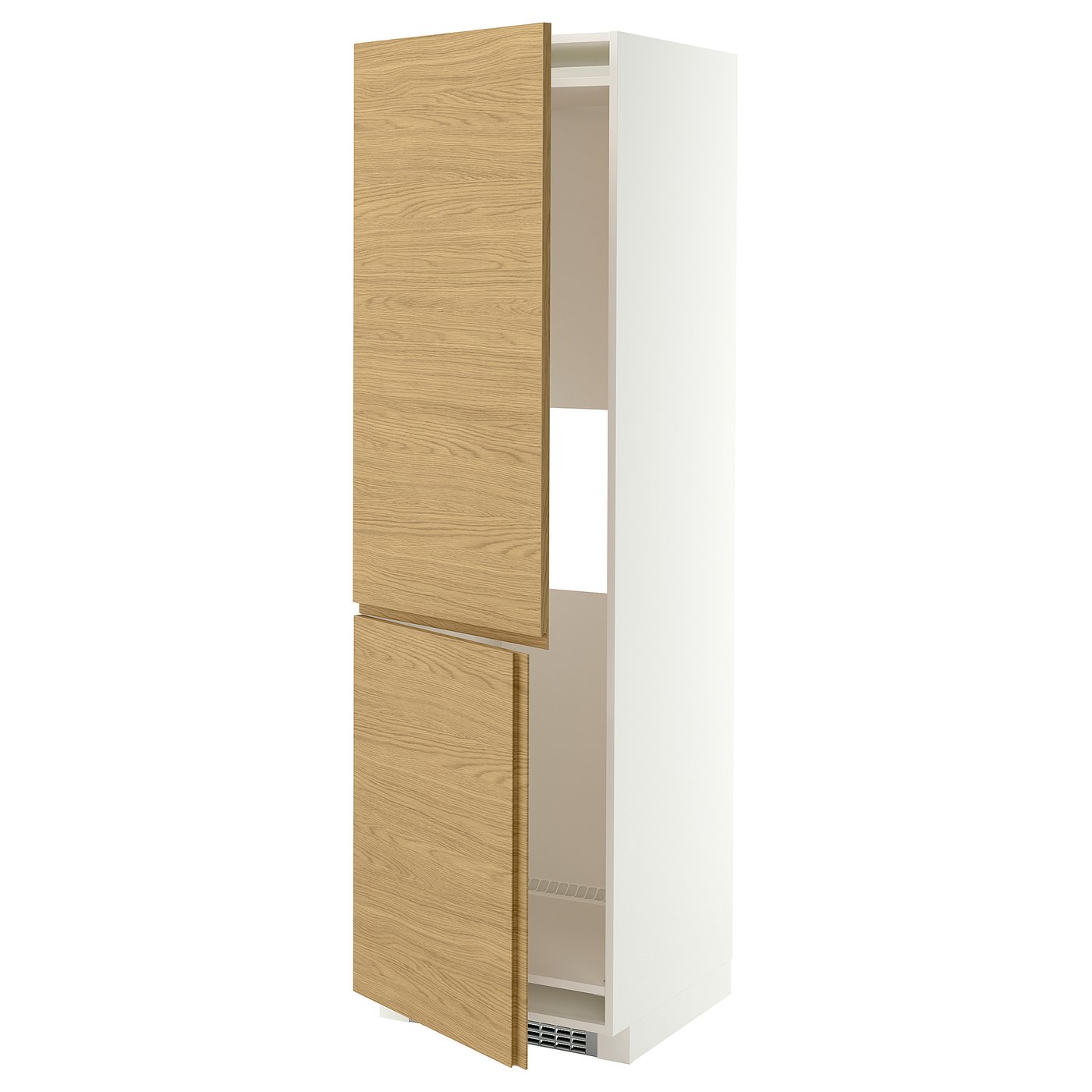 METOD hi cab f fridge or freezer w 2 drs, white/VOXTORP oak effect vertical handle, 60x60x200 cm