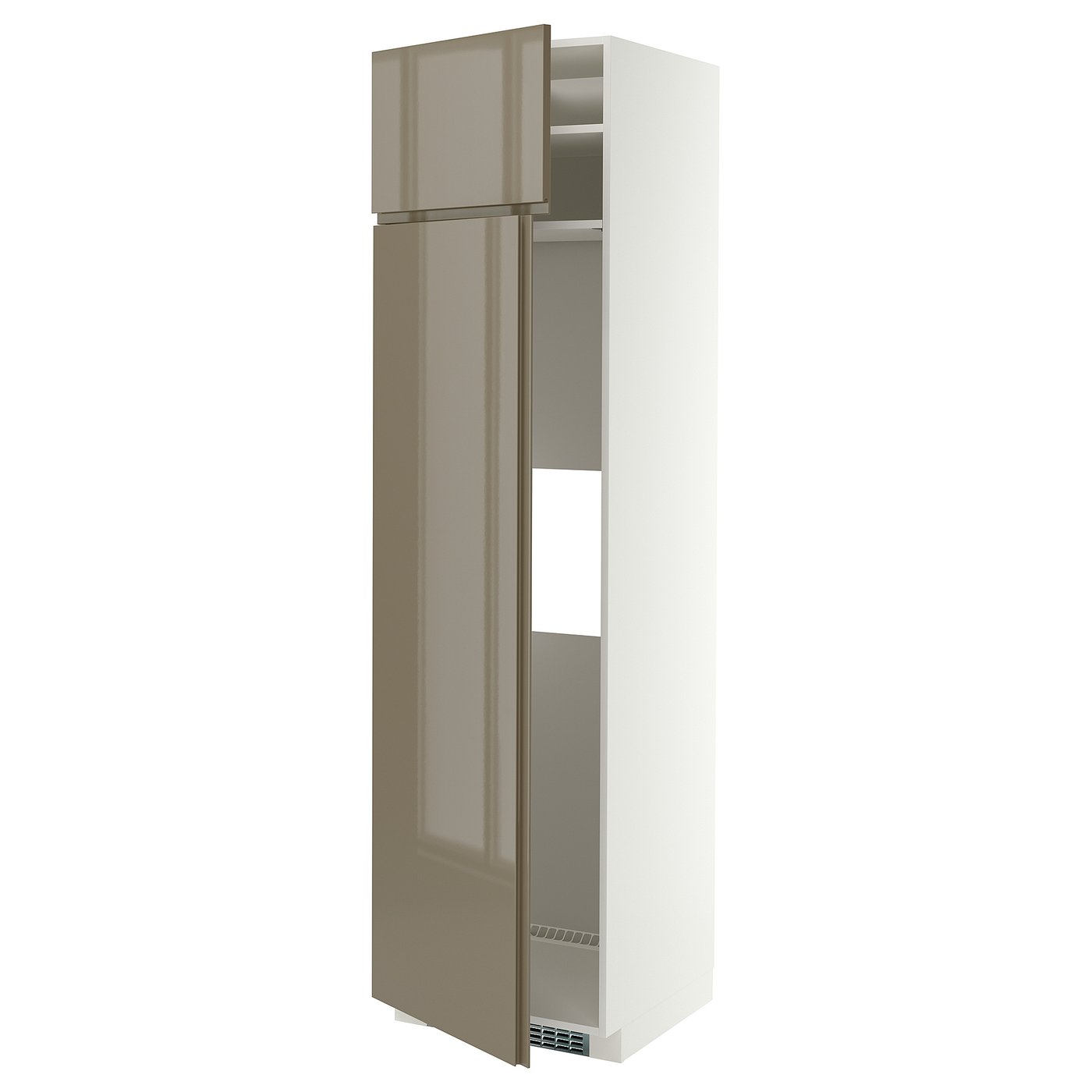 METOD hi cab f fridge or freezer w 2 drs, white/VOXTORP high-gloss dark grey-brown vertical, 60x60x220 cm