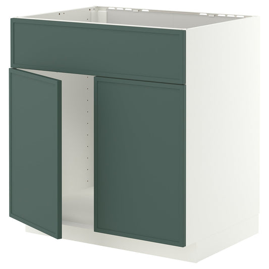 METOD base cabinet f sink w 2 doors/front, white/Aspudden dark grey-green, 80x60 cm