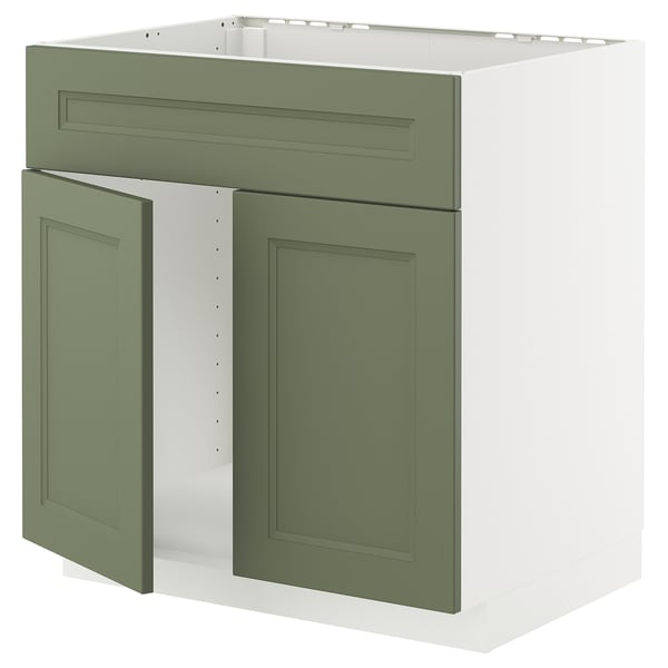 METOD - METOD Base cabinet f sink w 2 doors/front, white/Axstad grey-green, 80x60 cm