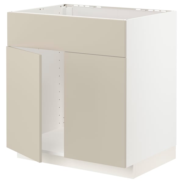 METOD base cabinet f sink w 2 doors/front, white/Havstorp beige, 80x60 cm