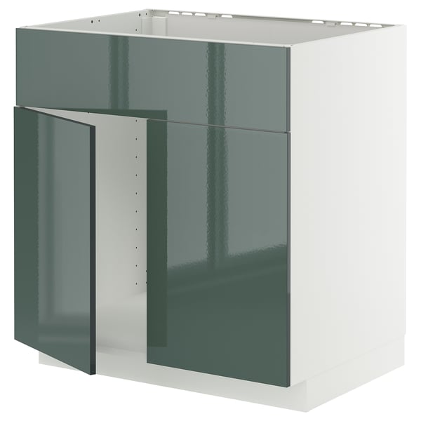 METOD - METOD Base cabinet f sink w 2 doors/front, white/Kallarp high-gloss dark grey-green, 80x60 cm
