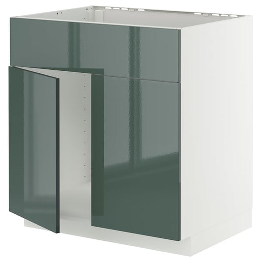 METOD - METOD Base cabinet f sink w 2 doors/front, white/Kallarp high-gloss dark grey-green, 80x60 cm