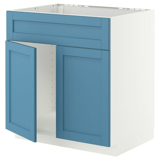 METOD base cabinet f sink w 2 doors/front, white/Lerhyttan blue, 80.0x80.0x60.0 cm