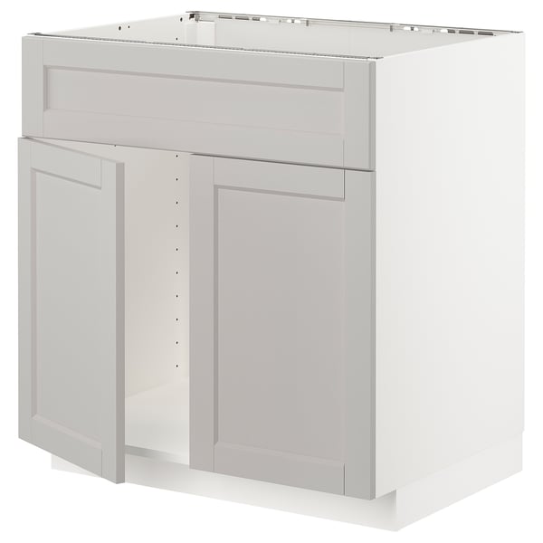 METOD - METOD Base cabinet f sink w 2 doors/front, white/Lerhyttan light grey, 80x60 cm