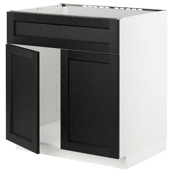 METOD base cabinet f sink w 2 doors/front, white/Lerhyttan black stained, 80x60 cm